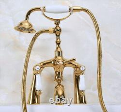 Gold Brass Deck-Mount Bathroom Bathtub Faucet Set with Hand Shower Taps 2na132