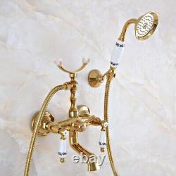 Gold Brass Wall Mount Clawfoot Bath Tub Shower Faucet Sets with Handheld Shower