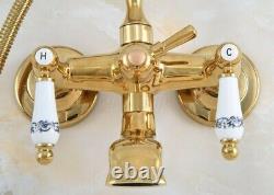 Gold Brass Wall Mount Clawfoot Bath Tub Shower Faucet Sets with Handheld Shower
