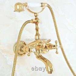Gold Color Brass Clawfoot Bath Tub Faucet with Handshower Wall Mount ena810