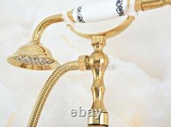 Gold Color Brass Clawfoot Bath Tub Faucet with Handshower Wall Mount ena818
