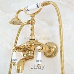 Gold Color Brass Clawfoot Bath Tub Faucet with Handshower Wall Mount ena818