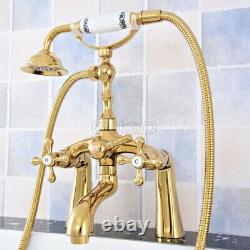 Gold Color Brass Deck Mount Bathroom Bath Tub Faucet Set withHand Shower Mixer Tap