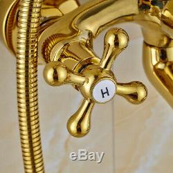 Gold Finish 8'' Shower Head Rainfall Shower Set Tub Faucet with Handheld Spray