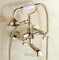Gold Finish Brass Clawfoot Bath Tub Faucet Tap with Handheld Spray Shower Ptf132