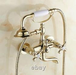 Gold Finish Brass Clawfoot Bath Tub Faucet Tap with Handheld Spray Shower Ptf132