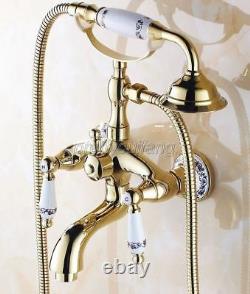 Gold Finish Brass Clawfoot Bath Tub Faucet Tap with Handheld Spray Shower Ptf410