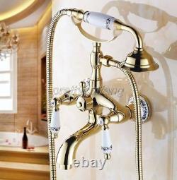 Gold Finish Brass Clawfoot Bath Tub Faucet Tap with Handheld Spray Shower Ptf410