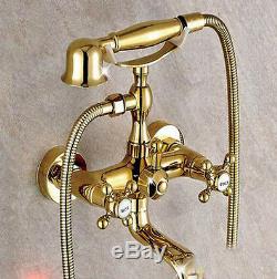 Gold Finish Wall Mount Clawfoot Bath Tub Faucet Tap with Handheld Spray Shower