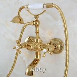 Gold Wall Mount Clawfoot Bath Tub Faucet Mixer Tap Telephone Handheld Shower
