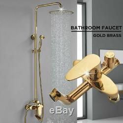 Golden Finish Rainfall Shower Head Wall Mount Faucet Set Hand Tub Mixer Tap