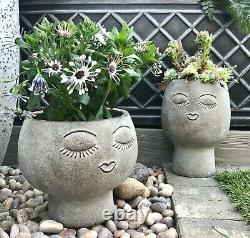 Grey Concrete Face Planter Head Plant Pot Garden Outdoor Person Vase Home Decor