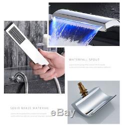 LED Bathtub Faucet Waterfall Filler Spout Sink withHandshower Tap 5 Holes Mixer
