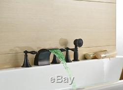 LED Oil Rubbed Bronze 5pcs Bath Tub Mixer Tap Deck Mount Faucet WithHand Shower