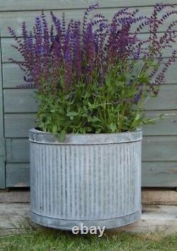 Large Vintage Galvanised Metal Ribbed Round Tub Planters Plant Flower Pot Garden