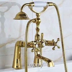 Luxury Gold Bathtub Deck Mount 2 Handles Hole Mixer Faucet Handheld Shower Tap