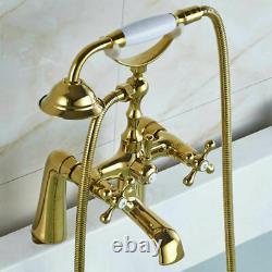 Luxury Gold Bathtub Deck Mount 2 Handles Hole Mixer Faucet Handheld Shower Tap