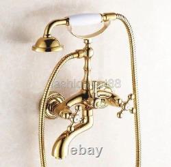 Luxury Gold Brass Wall Mount Clawfoot Bath Tub Faucet Set with Handshower Ftf082
