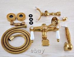 Luxury Gold Brass Wall Mounted ClawFoot Bath Tub Faucet With Handheld Shower