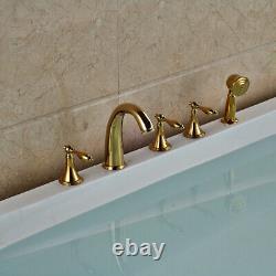 Luxury Gold Widespread Bathtub Faucet 5-Hole Bath Tub Mixer Tap with Hand Shower