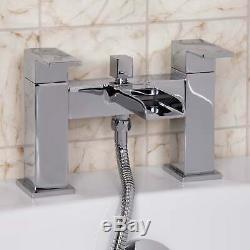 Modern Bathroom Waterfall Bath Shower Mixer Tap Square Twin Lever Handset Hose