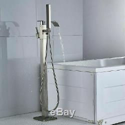 Nickel Waterfall Free Standing Floor Mounted Bath Taps Hand Held Shower Bathtub