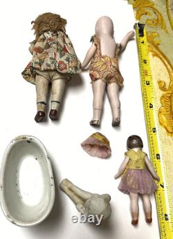 Old Vintage German Bisque Dollhouse Dolls Flapper Frozen Charlotte Bath Tub Lot