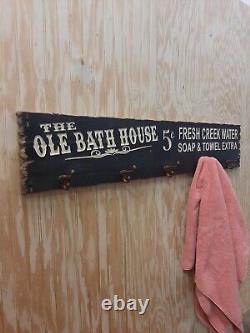 Ole Bath House/Towel Rack/Rustic Carved Wood Sign/Hot Tub Décor/Bathroom/Pool