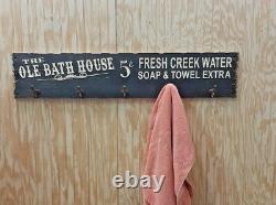 Ole Bath House/Towel Rack/Rustic Carved Wood Sign/Hot Tub Décor/Bathroom/Pool