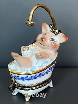 Pig In Bath Tub Trinket Pill Box Peint Main Handpainted Limoges France Adorable