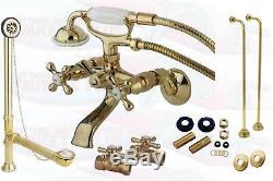 Polished Brass Clawfoot Tub Faucet Kit Includes Drain Supplies & Stops