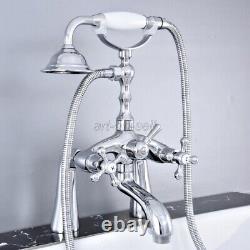 Polished Chrome Brass Deck Mount Clawfoot Bath Tub Faucet Set Handheld Shower