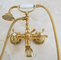 Polished Gold Brass Wall Mount Clawfoot Bath Tub Faucet Hand Shower Mixer Tap