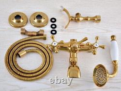 Polished Gold Brass Wall Mount Clawfoot Bath Tub Faucet Hand Shower Mixer Tap