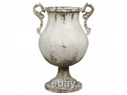 Round French Metal Urn, Rustic Planter with Handles, Antique Cream Shabby Chic