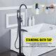 Solid Black Floor Mounted Tub Filler Faucet Free Standing Bath Shower Mixer Taps