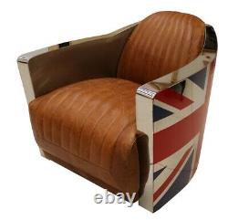 Union Jack Aviator Retro Distressed Vintage Tan Real Leather Tub Chair