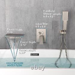 VANFOXLE Push-Button Waterfall Bathtub Faucet Set with Sprayer, Shower System Br