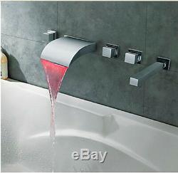 Wall Mounted LED Bathroom Waterfall Bathtub Faucet 3 Handles With Handheld Shower