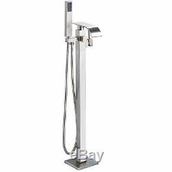 Waterfall Floor mount Bath Tub Filler Faucet with Handheld Shower Brushed Nickel