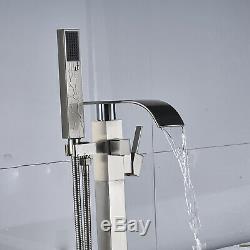 Waterfall Floor mount Bath Tub Filler Faucet with Handheld Shower Brushed Nickel