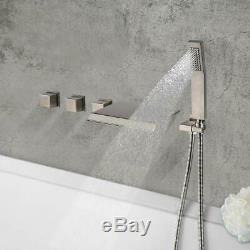 Waterfall Wall Mount Tub Filler Bath Faucet With Hand Shower Brushed Nickel Tap