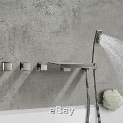 Waterfall Wall Mount Tub Filler Bath Faucet With Hand Shower Brushed Nickel Tap