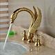 Widespread Golden Brass Swan Basin Faucet Crystal Handle Sink Bathtub Mixer Tap