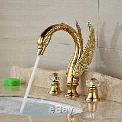 Widespread Golden Brass Swan Basin Faucet Crystal Handle Sink Bathtub Mixer Tap